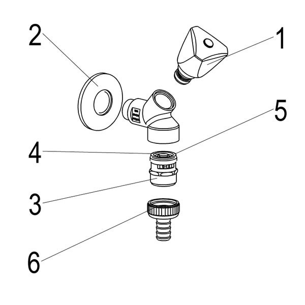 Explosionszeichnung eines Auslaufventils mit numerierten Einzelteilen für die Montageanleitung