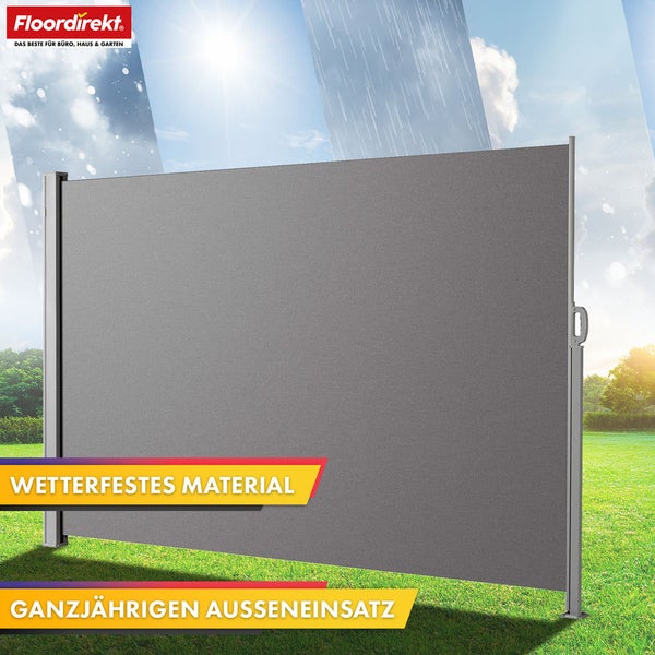 Grauer, ausziehbarer Sichtschutz für den Garten.