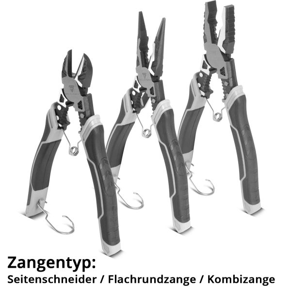 Zangenset bestehend aus Seitenschneider, Flachrundzange und Kombizange mit ergonomischen Griffen und Rückholfeder.