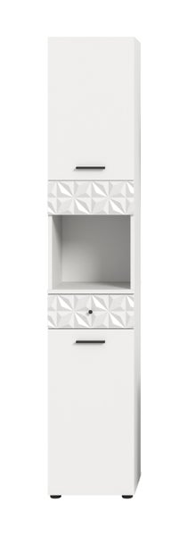 Weißer Hochschrank für das Badezimmer mit zwei Türen, einer Schublade, einem offenen Fach und strukturierten Fronten.