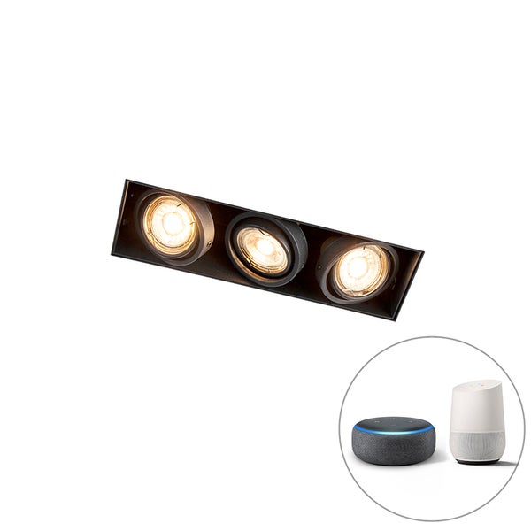 Dreiflammiger Einbaustrahler in Schwarz, kompatibel mit Smart Home Systemen wie Amazon Alexa und Google Assistant.