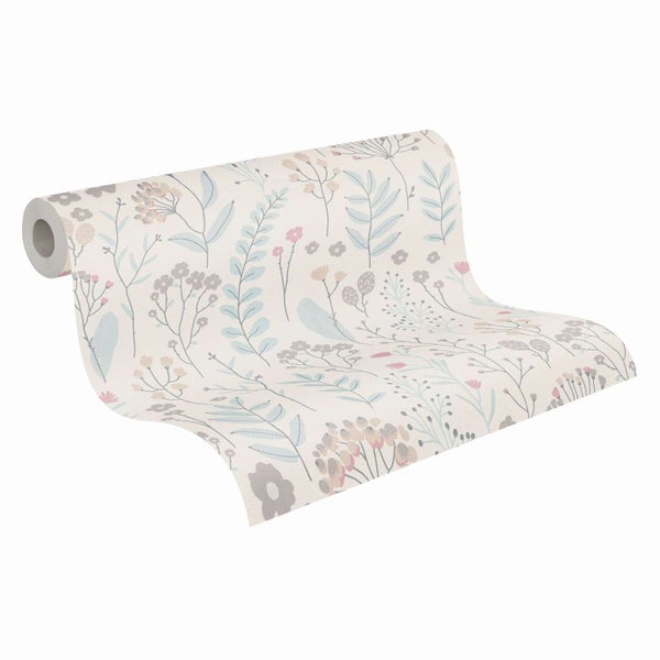 Tapetenrolle mit floralem Wiesenblumenmuster und filigranen Blättern als Vliestapete