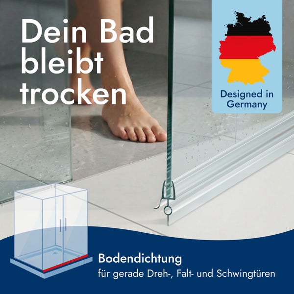 Bodendichtung für gerade Glas-Duschtüren, verhindert Wasseraustritt, entwickelt in Deutschland.