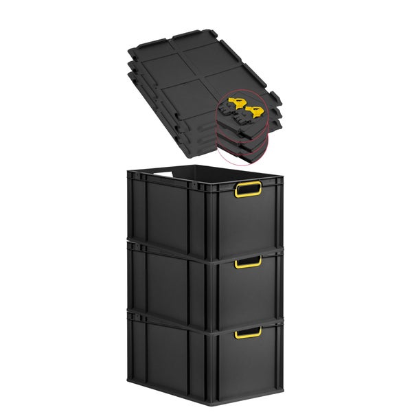 PROREGAL SuperSparSet 3x Eurobox NextGen Color mit Scharnierdeckel und Schiebeschnappverschlüssen, HxBxT 32x40x60cm, 65 Liter, Schwarz, Griffe gelb offen, Verstärkter Boden, Eurobehälter, Transportbox, Transportbehälter, Stapelbehälter