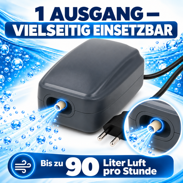 Aquarium Luftpumpe mit einem Ausgang und einer Leistung von bis zu 90 Liter Luft pro Stunde für eine vielseitige Belüftung im Aquarium.