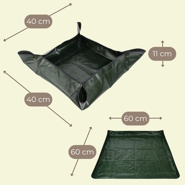 Umtopfmatte aus Kunststoff mit Maßen: flach 60 mal 60 Zentimeter, aufgestellt 40 mal 40 Zentimeter und 11 Zentimeter hoch.
