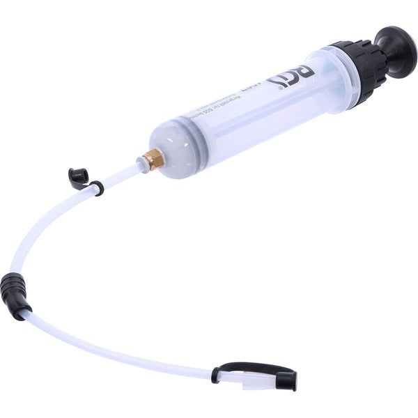 BGS technic Handpumpe 200 ml zur Absaugung von Flüssigkeiten, verpackt im Karton mit Anwendungsbeispielen.