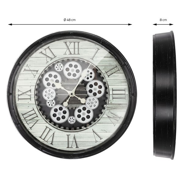 ECD Germany Große Wanduhr rund Ø 48 cm mit Römische Ziffern & beweglichen Zahnrädern, Schwarz, Dekorative Uhr MDF-Holz, Design Uhr Stil Industriell, Leisem Uhrwerk, geräuschlos, Analoge Dekor Wanduhr