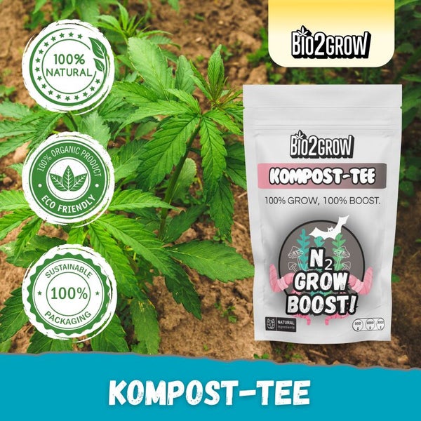 Bio2Grow Komposttee neben einer Pflanze mit den Siegeln 100 Prozent natürlich, 100 Prozent Bioprodukt und nachhaltige Verpackung