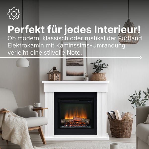Elektrokamin Portland mit weißer Kaminsims Umrandung in einem hellen Wohnzimmer mit Sessel, Korb und Dekoration.