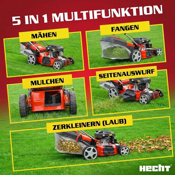 Multifunktions-Rasenmäher Hecht 5 in 1 zum Mähen, Fangen, Mulchen, mit Seitenauswurf und zum Zerkleinern von Laub.