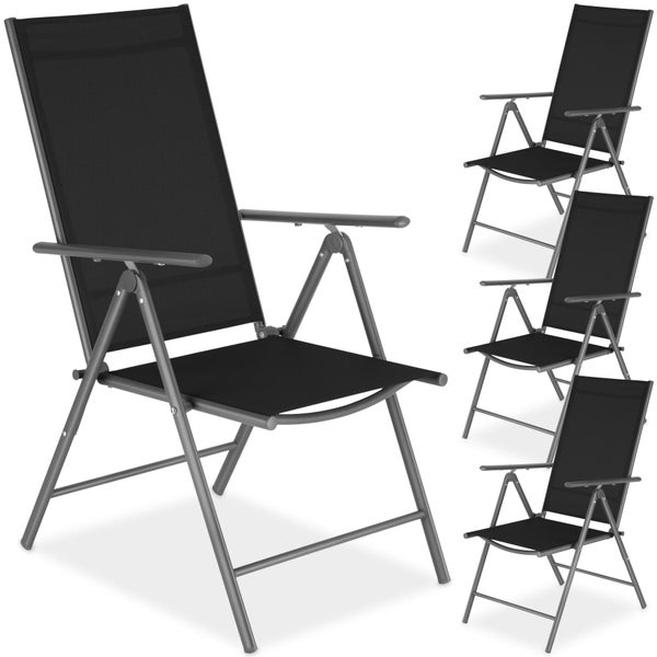 Vier stapelbare Klappstühle für den Garten mit Metallgestell und Textilbespannung für den Außenbereich.