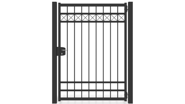 Gartentor ZAUNGURU BASIC-Linie Oldenburg Kreuz aus Metall, Höhe: 183cm, Breite: 150cm, 1-flügelig inkl. Pfosten, Schloss und Zubehör, Feuerverzinkt und in RAL 7016 Anthrazitgrau pulverbeschichtet