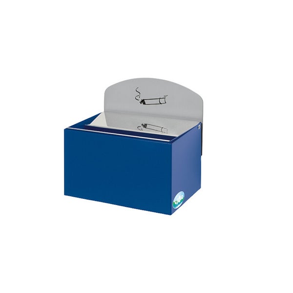 Blauer Wandascher aus Metall mit silbernem Klappdeckel und Zigarettensymbol, VAR Logo.