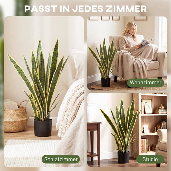 Künstliche Bogenhanf-Pflanze in schwarzem Topf, dargestellt in Schlafzimmer, Wohnzimmer und Studio. Moderne, helle Inneneinrichtung.