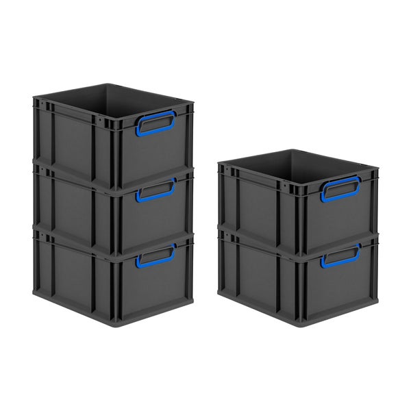 PROREGAL SparSet 5x Eurobox NextGen Color, HxBxT 22x30x40cm, 20 Liter, Griffe blau geschlossen, Schwarz, Eurobehälter, Transportbox, Transportbehälter, Stapelbehälter