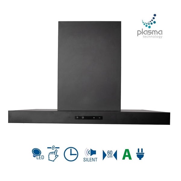 Schwarze Wandhaube, 60 Zentimeter Breite, LED-Beleuchtung, Plasma-Technologie, Energieeffizienzklasse A, leiser Betrieb und acht Leistungsstufen.