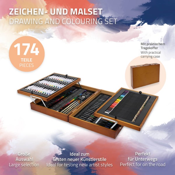 Illustration verschiedener Malutensilien wie Wasserfarben, Buntstifte, Ölpastelle, Acrylfarben, Filzstifte und Ölfarben.