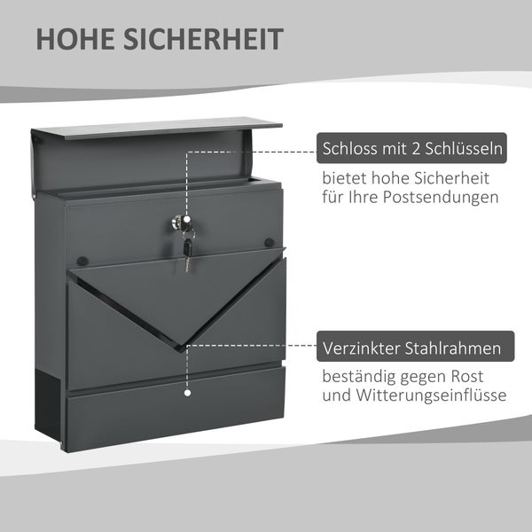 HOMCOM Briefkasten Wandbriefkasten mit Schloss, Deckel, Postkasten aus Verzinktem Stahl, für Outdoor, 37 x 10,5 x 37 cm, Dunkelgrau
