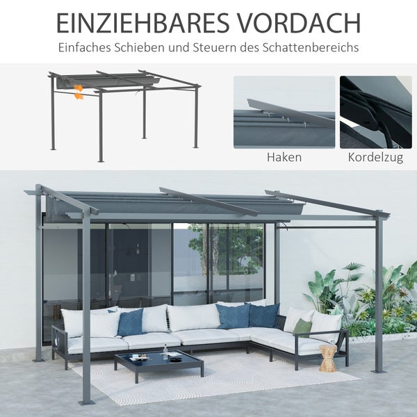 Outsunny Terrassendach Pergola ca. 4x3m Terrassendachung Garten Pavillon Aluminium, Wandmontage, Gartenpavillon mit Verstellbares Dach, UV Schutz, Sonnenschutz für Terrasse und Garten, Dunkelgrau