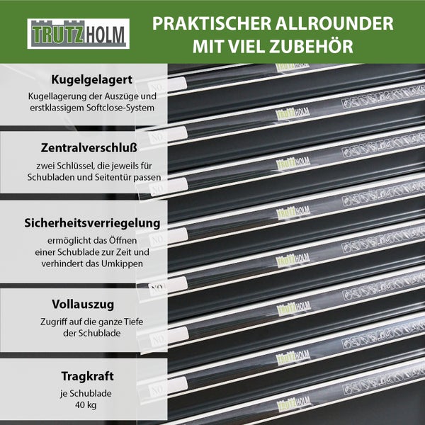 Infografik zum Trutzholm Werkstattwagen: Details zu Schubladen mit Kugelgelagerung, Softclose, Zentralverschluss, Vollauszug und 40 kg Tragkraft.