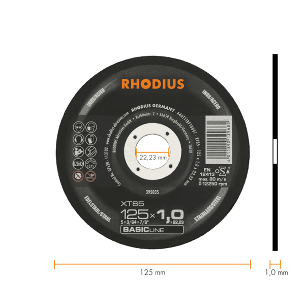 RHODIUS Trennscheibe XT85, 50 Stück, 125 x 1,0 x 22,23 mm für Edelstahl, Stahl, Metall, BASICline