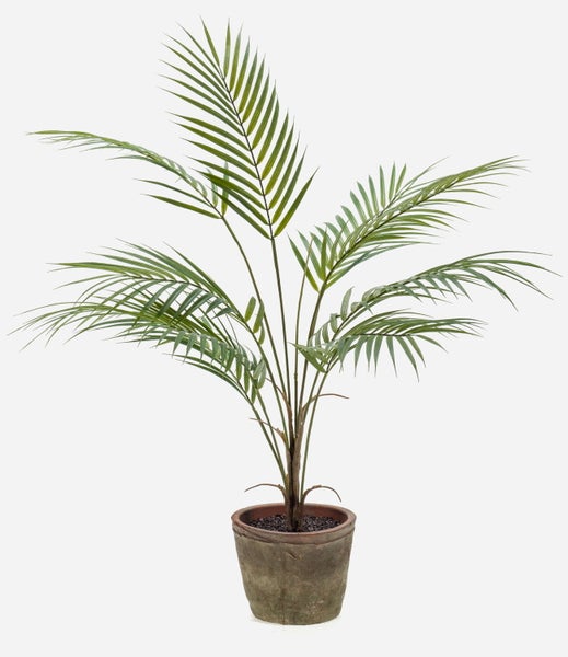 Künstliche Rose in Orange mit grünem Stiel und Blättern.