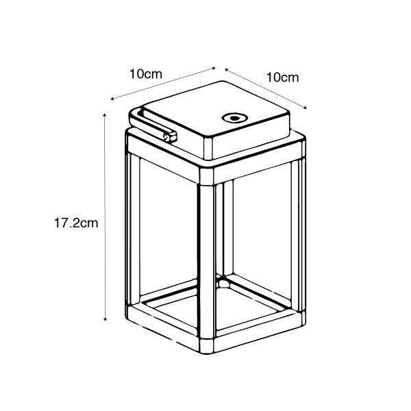 Maßzeichnung einer rechteckigen Laterne, Höhe 17,2 Zentimeter, Breite 10 Zentimeter, Tiefe 10 Zentimeter.