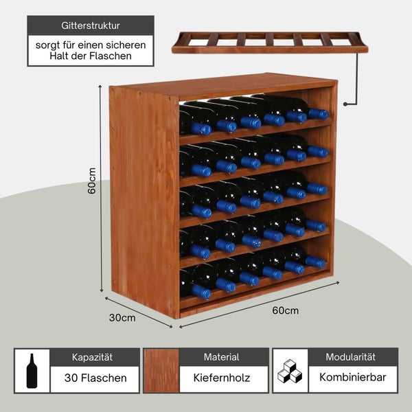 Weinregal aus Kiefernholz für 30 Flaschen mit Gitterstruktur, Maße 60 mal 60 mal 30 Zentimeter, modular kombinierbar.