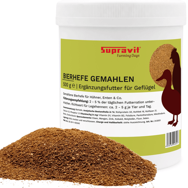 Dose mit gemahlener Bierhefe als Ergänzungsfuttermittel für Geflügel wie Hühner und Enten, 500 Gramm Inhalt.