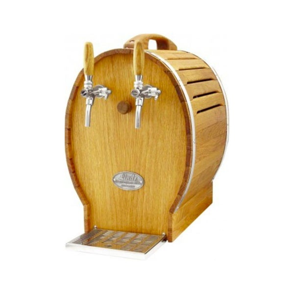 Bierzapfanlage aus Holz mit Zapfhahn und Auffangschale