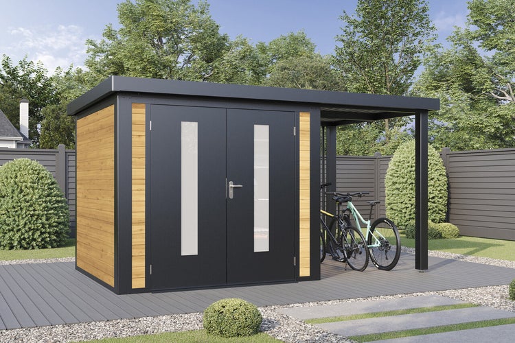 Gartenhaus mit integriertem Schleppdach aus Metall und Holzelementen mit Doppeltür und Glaseinsätzen im Garten.