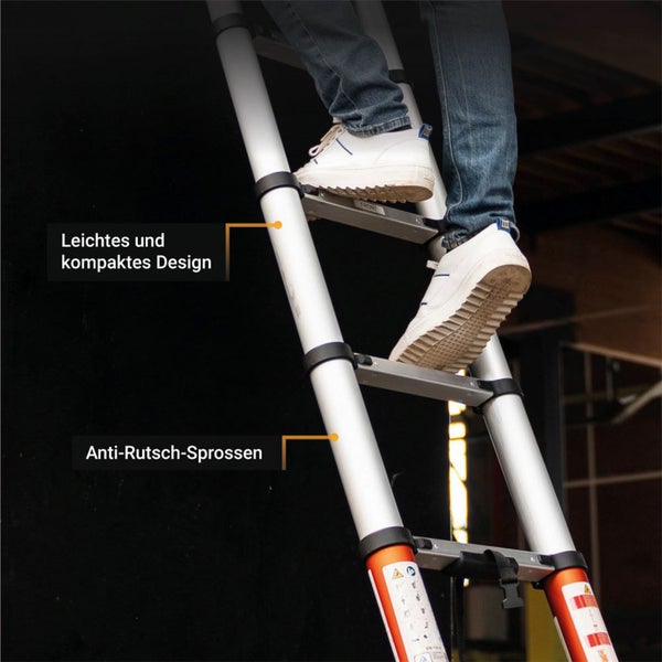 Teleskopleiter aus Aluminium mit einer Person auf rutschfesten Sprossen. Leichtes und kompaktes Design.