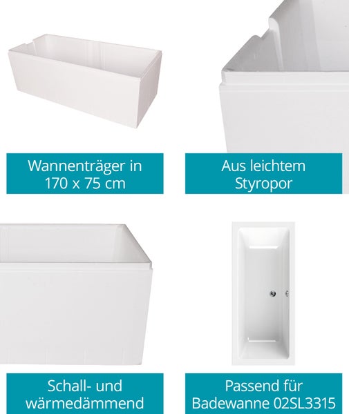 Calmwaters® Wannenträger 170 x 75 cm Modern Select, Passend für Rechteck-Badewanne 170x75 cm, Styroporträger, Schall- und wärmedämmend, Direkt verfliesbar, Badewannenträger in Weiß, 03AX4970