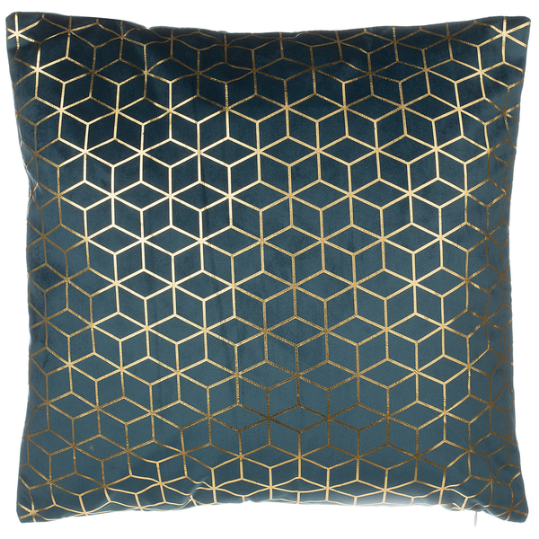 Dekokissen quadratisch, Samtoptik, geometrisches Würfelmuster in Gold und Dunkelblau.
