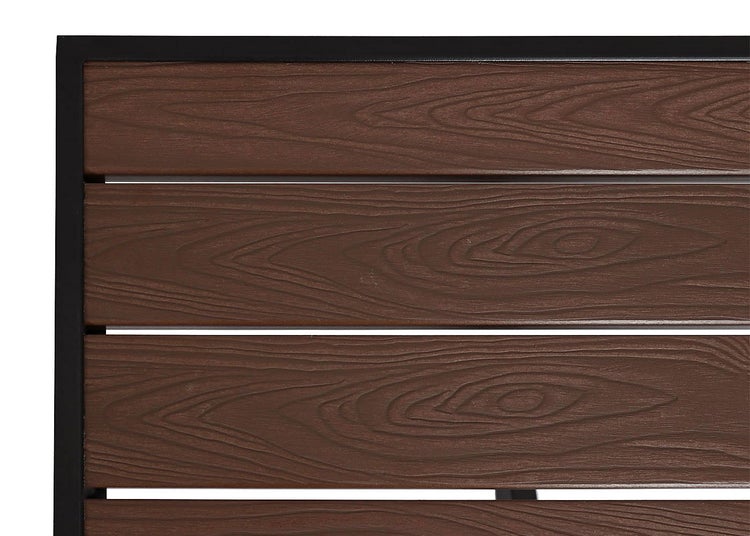 Detailansicht einer Gartenbank mit Holzoptik und schwarzem Rahmen