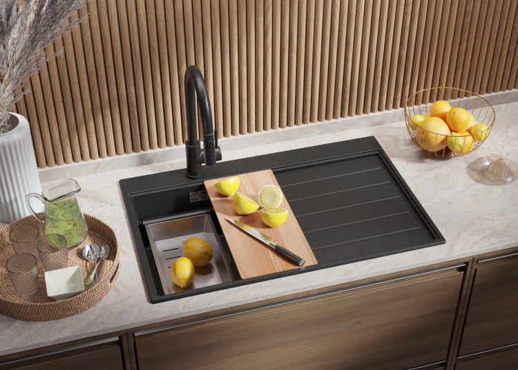 PRIMAGRAN Spülbecken Anthrazit 78x50cm, Granitspüle 1 Becken + Ablauf-Set + Küchenzubehörset, Küchenspüle ab 45er Unterschrank - Sydney