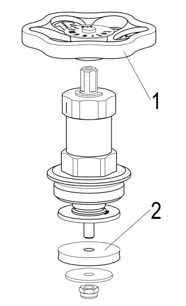 Explosionszeichnung eines Ventiloberteils mit Handrad und Dichtung.