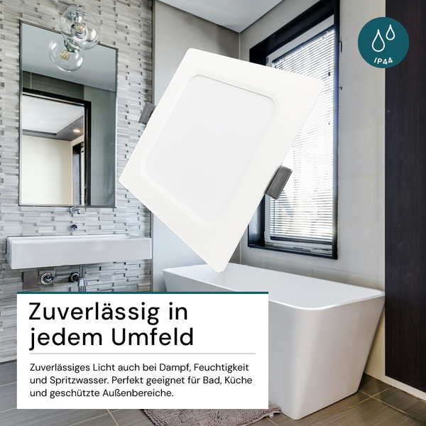 LED-Einbauleuchte in einem Badezimmer mit Badewanne und Waschbecken
