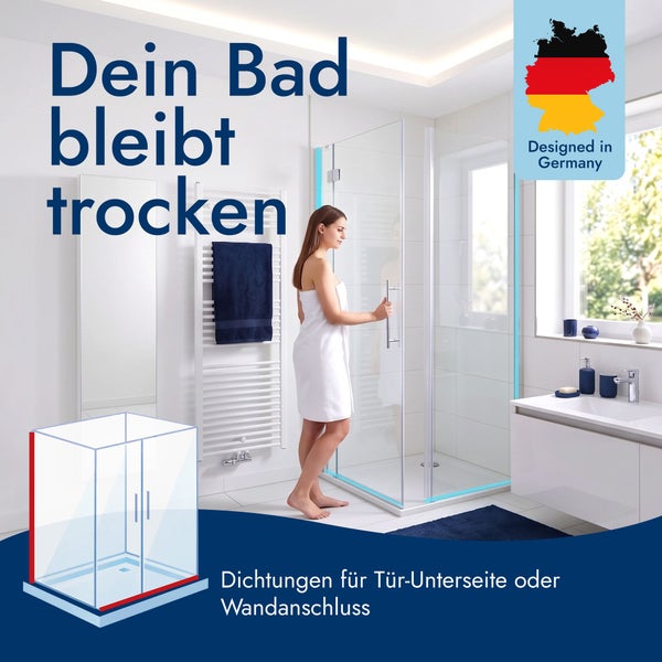 Frau öffnet gläserne Duschkabine in hellem Bad. Diagramm zeigt Dichtungen an Türunterseite und Wandanschluss. Siegel Entwickelt in Deutschland.