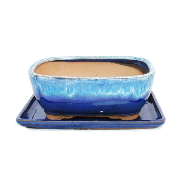 Bonsai-Schale mit Unterteller Gr. 8 Zoll blau-beige eckig Modell G5B L 20,5cm B 16cm H 8cm