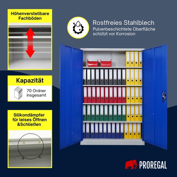 Offener Metall-Aktenschrank für 70 Ordner, höhenverstellbare Fachböden, korrosionsgeschütztes Stahlblech und Silikondämpfer. PROREGAL Logo.