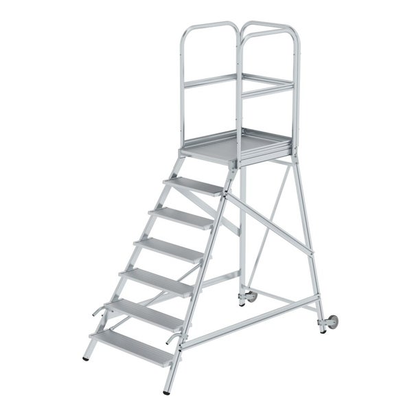 PROREGAL Podesttreppe Einseitig Begehbar Mit Rollen und Griffen Aluminium Geriffelt 7 Stufen Rutschsichere Leiterschuhe