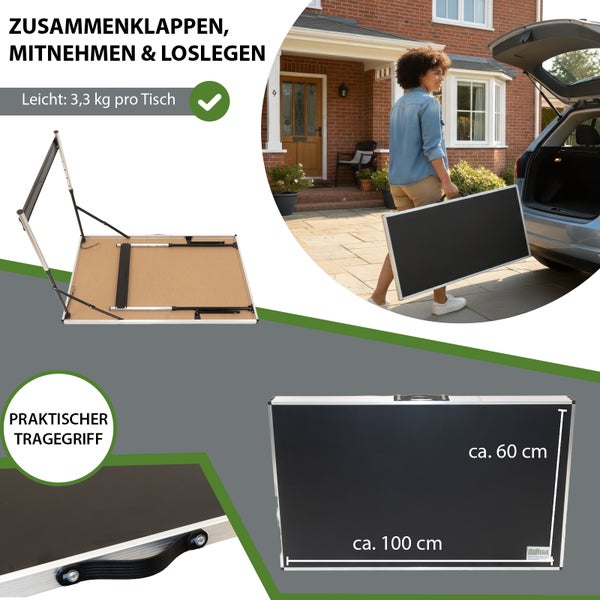 Zusammenklappbarer Tisch mit Tragegriff und Maßangaben: circa 60 cm x 100 cm