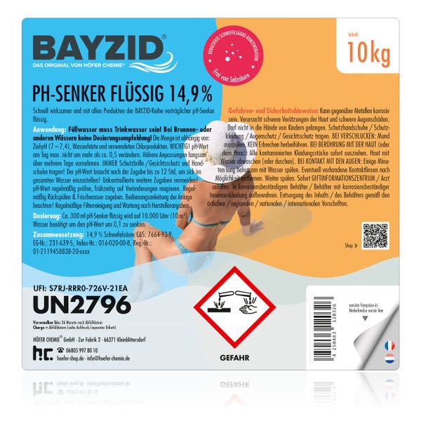Bayzid pH-Senker flüssig, 14,9 prozentige Schwefelsäure-Konzentration, Inhalt 10 Kilogramm