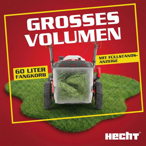 Hecht Rasenmäher mit 60 Liter Fangkorb und Füllstandsanzeige