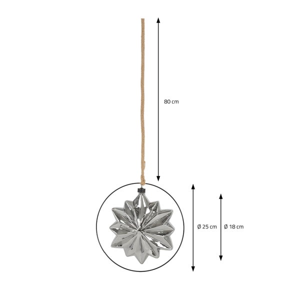ECD Germany LED-Weihnachtsstern Ø18cm, 40 LEDs, 80cm Seil, Deko Leuchtstern zum Hängen, Warmweiß, Grau, Glasstern mit Beleuchtung & Metallring, batteriebetrieb, Timer, Innen, Deko Stern Weihnachtsdeko