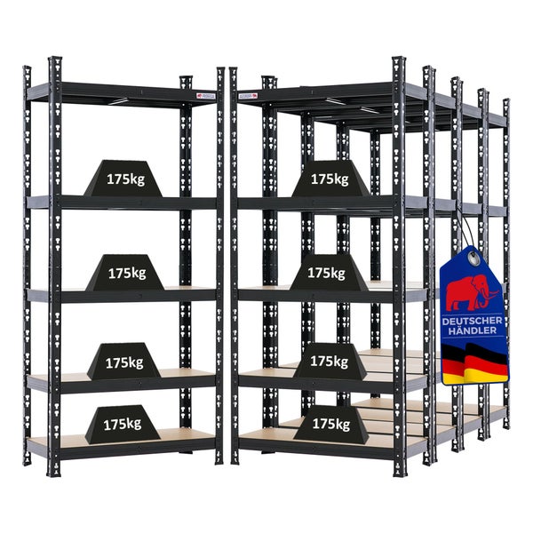 Zwei schwarze Schwerlastregale aus Metall mit Holzböden, Traglast pro Boden 175 Kilogramm, Deutscher Händler Logo.