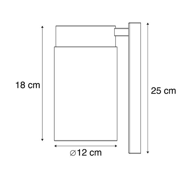 Maßzeichnung einer Außenwandleuchte mit einer Körperhöhe von 18 Zentimetern, einer Gesamthöhe von 25 Zentimetern und einem Durchmesser von 12 Zentimetern.