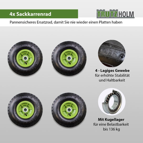 Vier Sackkarrenräder mit Kugellager und pannensicherer Bereifung